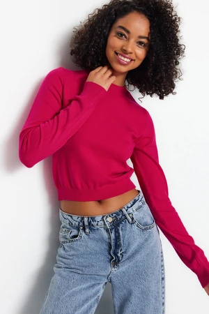 Trendyol Fuchsia Crop Premium/Special Yarn Crew Neck Basic Knitwear Sweater