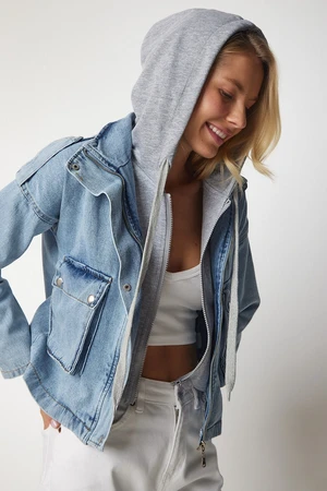 Happiness İstanbul Women's Light Blue Sweatshirt Detailed Hooded Denim Jacket