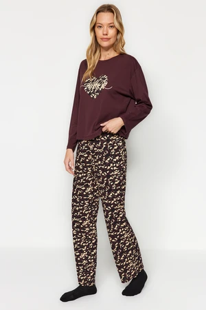 Trendyol Brown 100% Cotton Leopard Print Tshirt-Pants and Knitted Pajamas Set