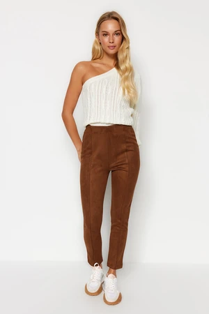 Trendyol Brown Suede High Waist Stitching at the Front Knitted Leggings