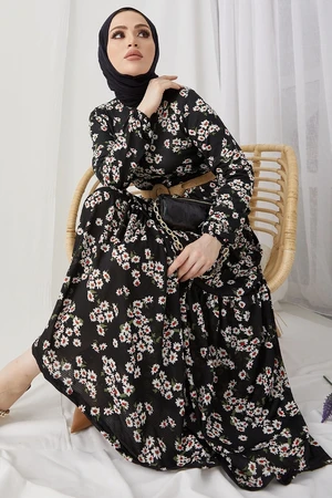 InStyle Lesa Floral Hijab Dress with Straw Belt - Black