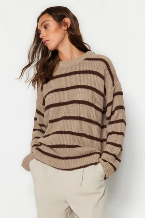 Trendyol Beige Wide Fit Striped Knitwear Sweater