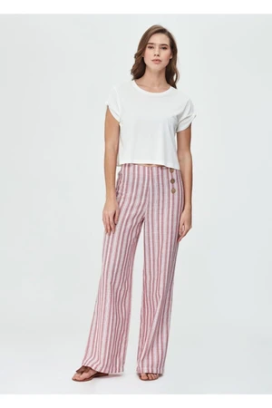 Dagi Women's Red Striped Woven Button Detail Wide Leg Trousers.