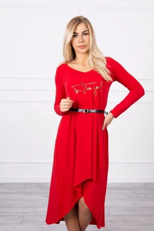 Dress with decorative belt and red inscription