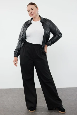 Trendyol Curve Black 100% Cotton Flexible Elastic Waist Gabardine Thick Plus Size Woven Trousers