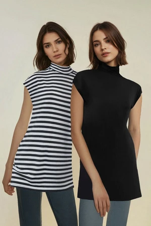 Trendyol Black-White Striped 2-Pack Stand Collar Sleeveless Undershirt Lining Tunic