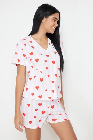 Trendyol Powder-Multicolored 100% Cotton Striped and Heart Knitted Pajama Set