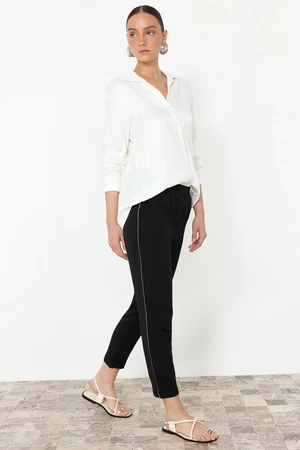 Trendyol Black Elastic Waist Linen Look Woven Trousers with Glitter Stripes on the Side