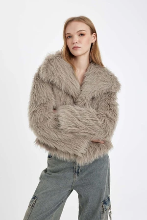 DEFACTO Relax Fit Jacket Collar Snap Closure Faux Fur Coat