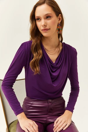 Olalook Women's Purple Waistband Pleated Turndown Collar Blouse