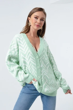 Lafaba Women's Mint Green Zigzag Pattern Sweater Cardigan