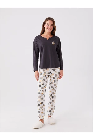 LC Waikiki Women's Crew Neck Embroidered Long Sleeve Pajamas Set