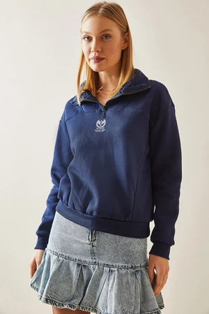 XHAN Navy Blue Stand-Up Collar Zippered & Raised Sweatshirt