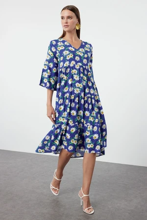 Trendyol Blue Floral Patterned Wide Cut V-Neck Woven Dress