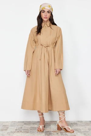 Trendyol Camel Cord and Zipper Detailed Woven Dress