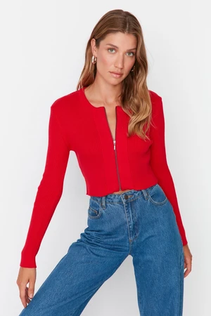 Trendyol Red Crop Zips 100% Bavlna Základný pletený kardigán