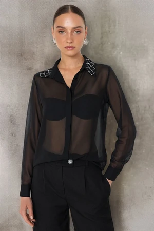 Trendyol Black Transparent Shiny Stone Woven Chiffon Shirt