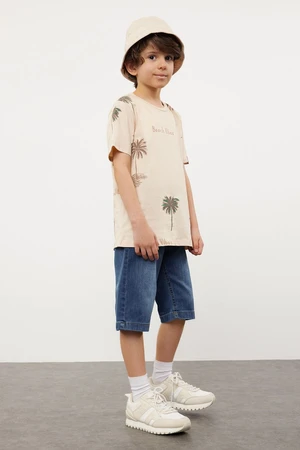 Trendyol Beige Boy Patterned Short Sleeve T-shirt -Jean Trousers Set Top and Bottom Suit