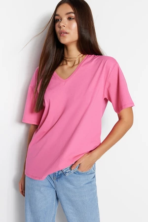 Trendyol Pink 100% Cotton Oversize/Wide Fit V-Neck Knitted T-Shirt