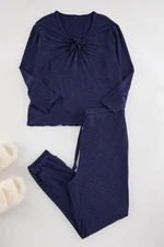 Trendyol Curve Navy Blue U-Neck Tie-up Knitted Pajamas Set