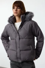 Trendyol Grey Regular Fit Fur Detailed Hooded Puffer Jacket