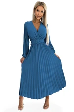 Pleated midi dress with a neckline, long sleeves and a wide Numoco belt