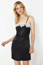 Trendyol Black Lace Zipper Detailed Rope Strap Satin Woven Nightgown