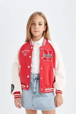 DEFACTO Girls Embroidered College Collar Bomber Thick Soft Furry Cardigan