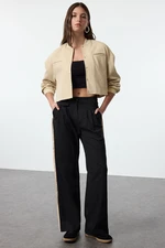 Trendyol Black Linen Look Wide Leg Trousers with Side Stripe Detail