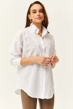 Olalook Women's White Pocket Staple Detailed Oversize Shirt