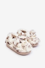 Fluffy children's slippers with teddy bear, light beige Apolania