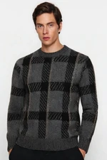 Trendyol Anthracite Regular Crew Neck Plaid / Checkered Knitwear Sweater