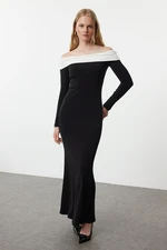 Trendyol Black Color Block Fitted Carmen Neck Stretchy Maxi Knitted Dress