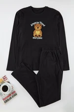 Trendyol Men's Black Teddy Bear Embroidered Regular Fit Knitted Pajama Set