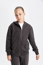 DEFACTO Girl Anthracite Basic Hooded Zippered School Cardigan