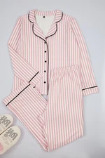 Trendyol Curve Pink Stripe Patterned Piped Fleece Lined Shirt-Pants Knitted Pajama Set