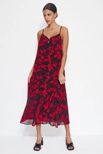 Trendyol Red Floral Print Straight Cut Maxi Woven Chiffon Lined Woven Dress