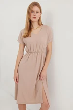 Bigdart 2378 V Neck Slit Knitted Dress - Biscuit