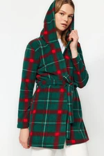 Trendyol Green Plaid Patterned Hooded Polar Fleece Winter Knitted Dressing Gown