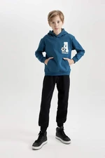 DEFACTO Size 2-Piece Set Printed Hooded Kangaroo Pocket Sweatshirt Jogger Sweatpants