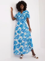 Ecru-blue dress with ruffles at the neckline