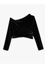 Koton Velvet Stone Detailed Asymmetric Off-Shoulder Blouse