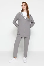 Trendyol Gray Oversize Zippered Hooded Cardigan Knitted Tracksuit