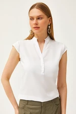 Olalook Women's Ecru V-Neck 4 Buttons Viscose Blouse