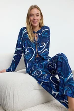 Trendyol Navy Blue Ethnic Patterned Tie/Ribbon/Bow Detailed Woven Pajama Set