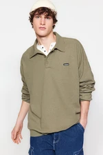 Trendyol Light Khaki Men's Oversize/Wide Cut Labeled Textured Cotton Polo Neck Sweatshirt