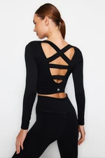 Trendyol Black Seamless/Seamless Back and Reflector Print Detailed Crop Knitted Sports Top/Blouse