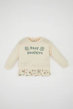 DEFACTO Baby Girl Crew Neck Printed Soft Furry Inside Hem Detailed Sweatshirt