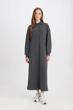 DEFACTO Buttoned Polo Collar Basic Plain Long Sleeve Thessaloniki Fabric Maxi Knit Dress