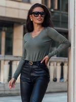 Fitted blouse with a khaki V-neck